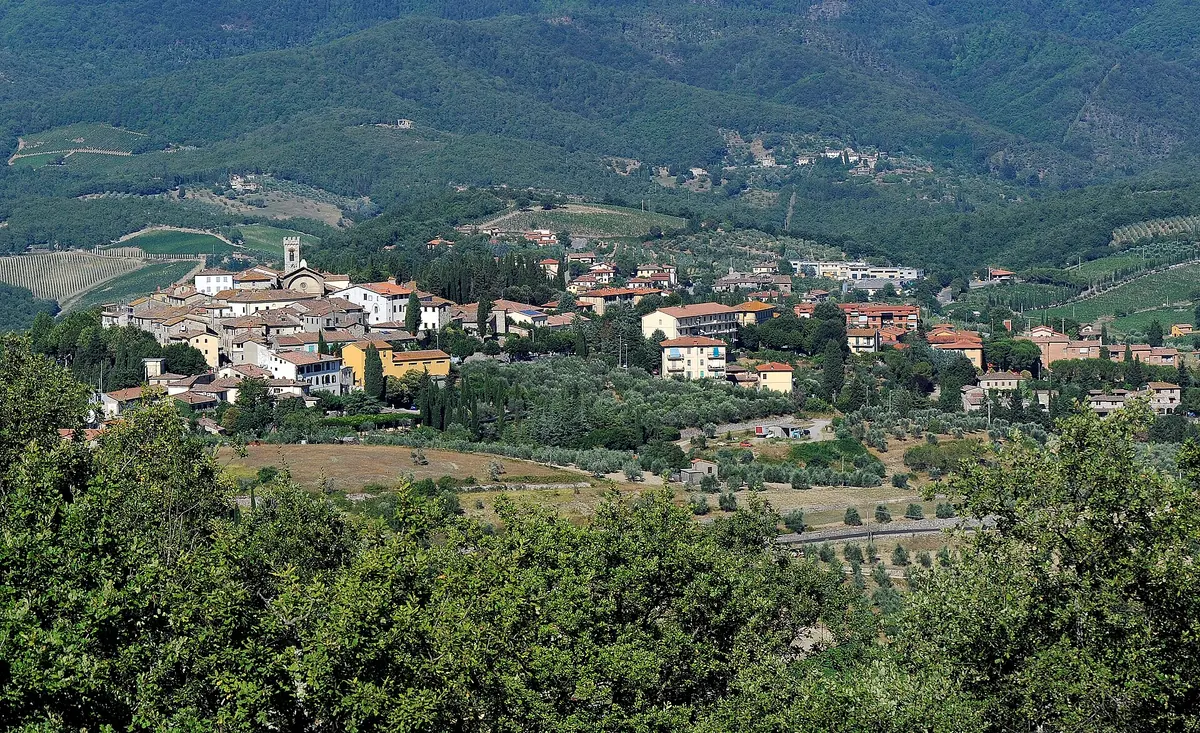 Veduta dall'alto di Poggio alla Croce tra case, chiesa e colline boscose