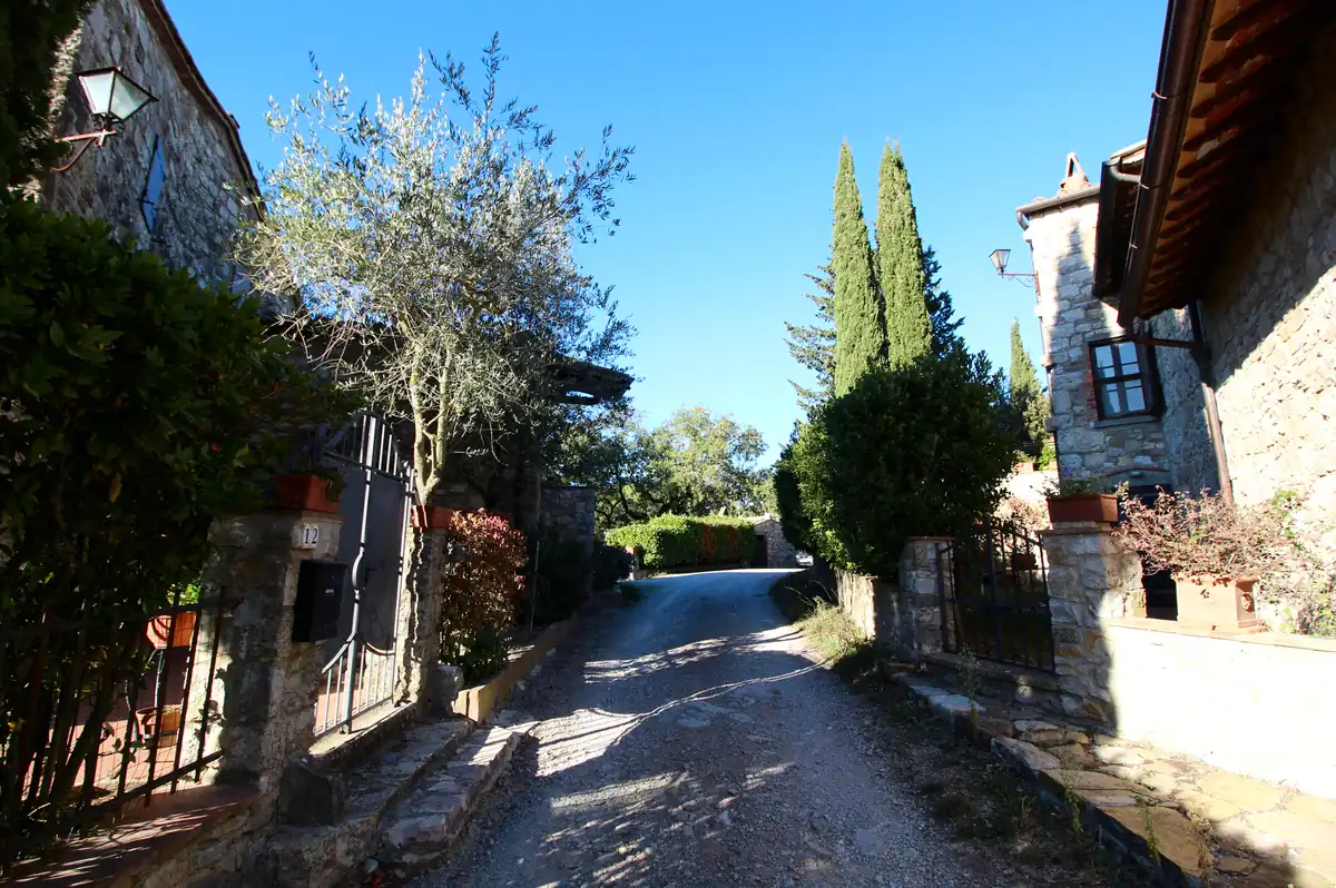 Edificio in pietra di Colle Petroso tra ulivi, cipressi e vegetazione